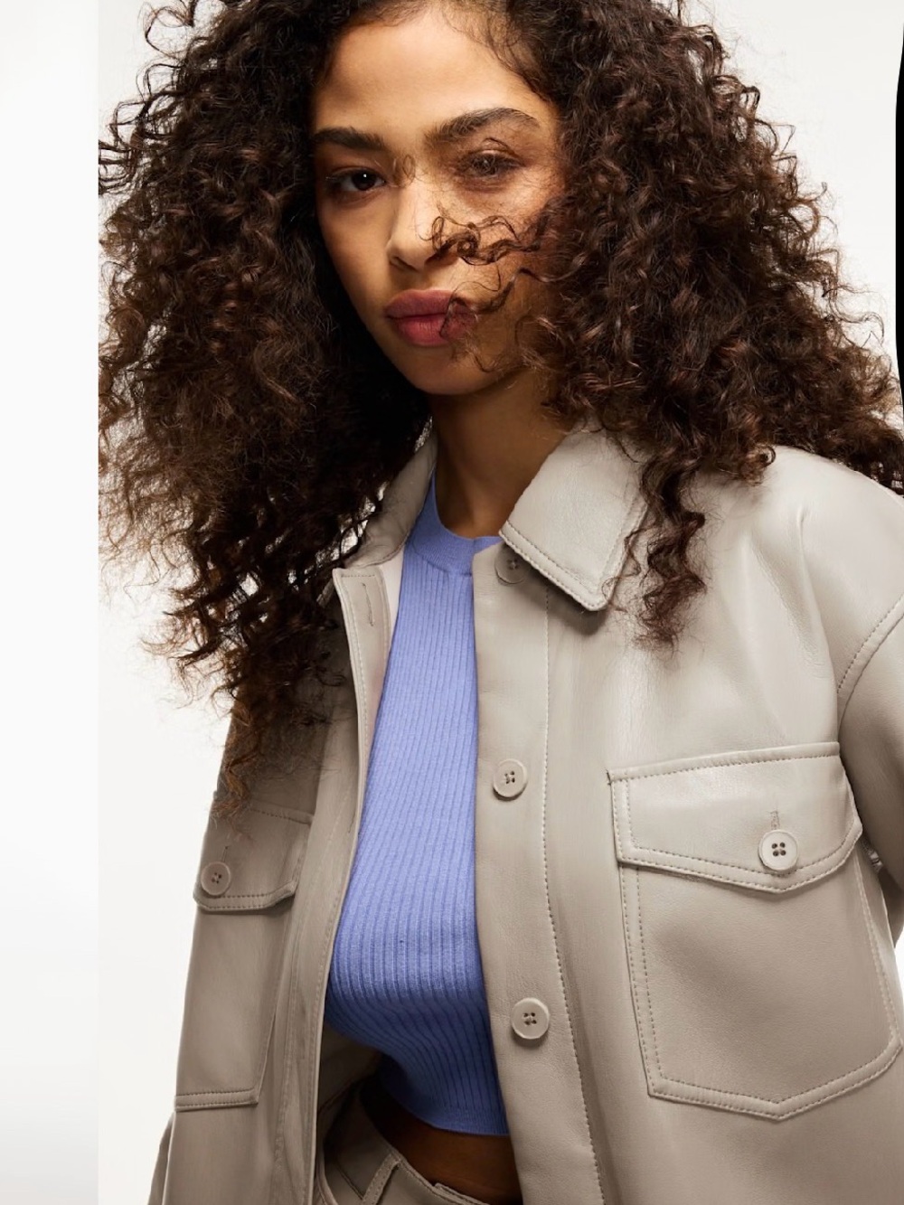 Aritzia Light Blue Grey Leather Utility Jacket with Button Pockets